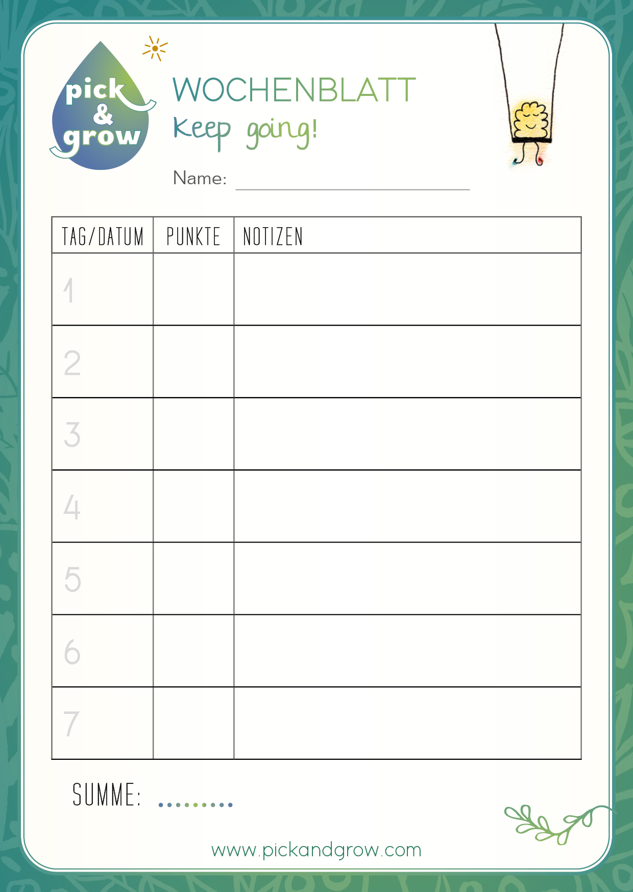 pickandgrow_Block_Wochenblatt pick & grow logo Wochenblatt Keep going Name with a table for day/date, points, notes from 1 to 7 and a total sum line www.pickandgrow.com